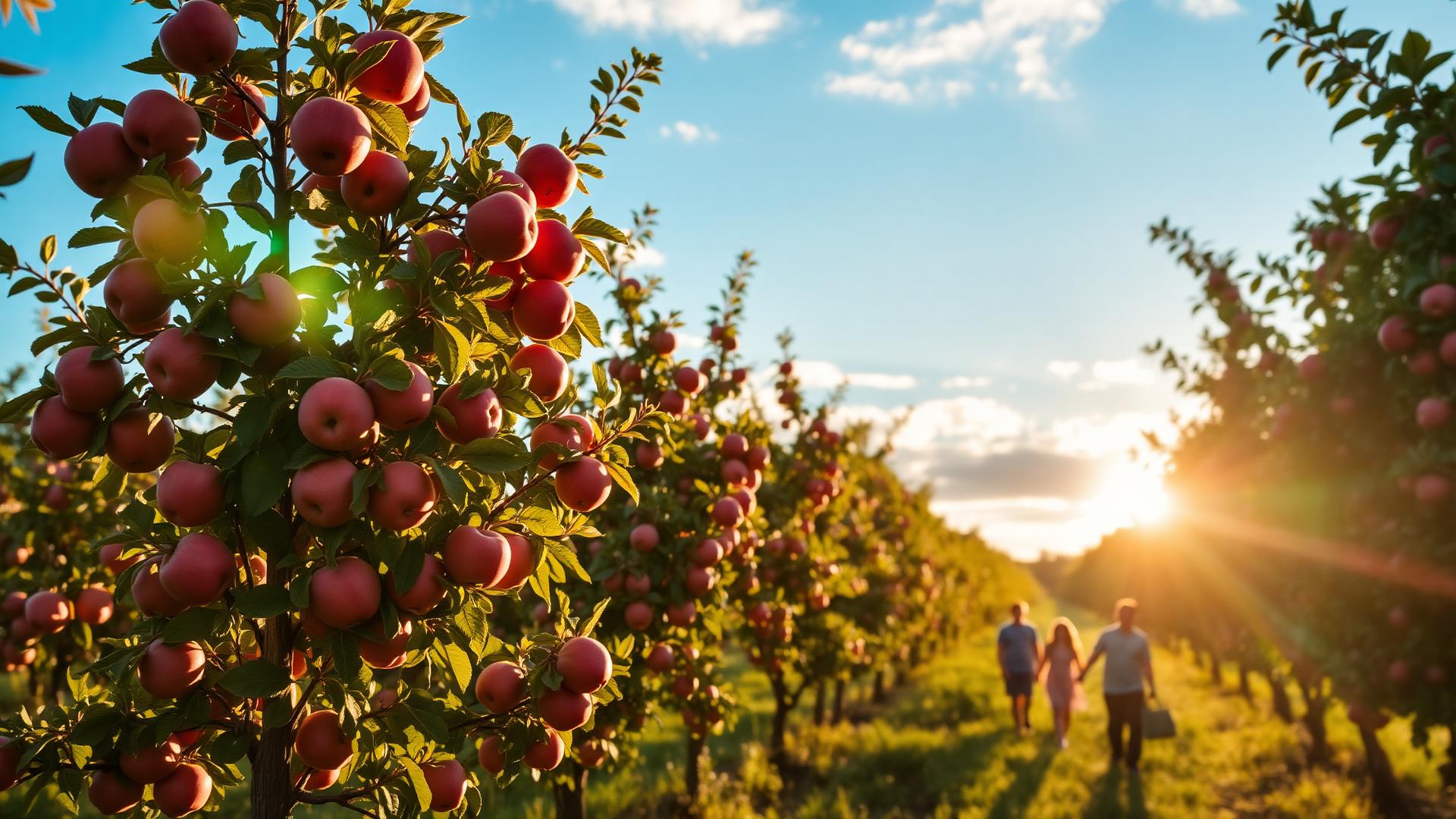 Sunlit apple orchard with rows of trees full of ripe red apples